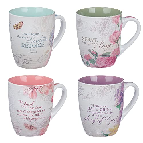 Christian Art Gifts Ceramic Coffee/Tea Mug Set for Women | Vintage Botanic Floral Inspirations Design Bible Verse Mug Set | Boxed Set/4 Coffee Cups