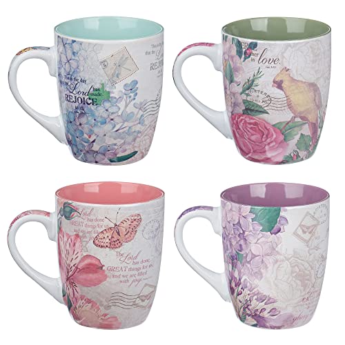 Christian Art Gifts Ceramic Coffee/Tea Mug Set for Women | Vintage Botanic Floral Inspirations Design Bible Verse Mug Set | Boxed Set/4 Coffee Cups