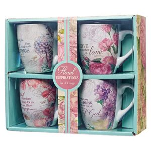 Christian Art Gifts Ceramic Coffee/Tea Mug Set for Women | Vintage Botanic Floral Inspirations Design Bible Verse Mug Set | Boxed Set/4 Coffee Cups