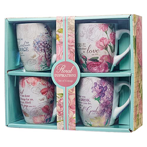 Christian Art Gifts Ceramic Coffee/Tea Mug Set for Women | Vintage Botanic Floral Inspirations Design Bible Verse Mug Set | Boxed Set/4 Coffee Cups