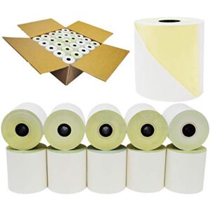buyregisterrolls - (honey comb core) two ply carbonless rolls 3" x 90 feet, white/yellow (50 rolls - 1 case) kitchen printer paper rolls required printer ribbon sp700 or erc 30/34/38