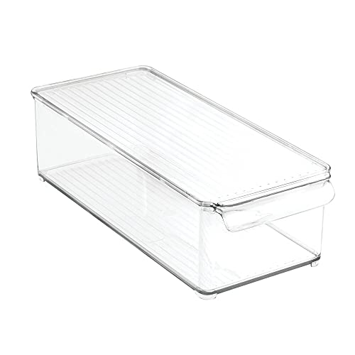 mDesign Slim Plastic Food Storage Container Bin with Lid and Front Handle for Kitchen, Pantry, Cabinet, Fridge and Freezer - Organizer for Snacks, Produce, Vegetables, Pasta, Drinks - Clear