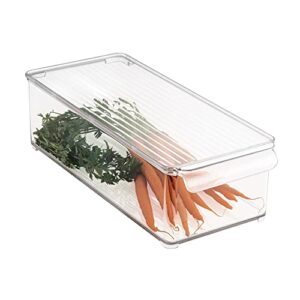 mdesign slim plastic food storage container bin with lid and front handle for kitchen, pantry, cabinet, fridge and freezer - organizer for snacks, produce, vegetables, pasta, drinks - clear