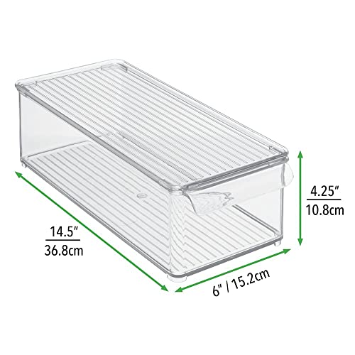 mDesign Slim Plastic Food Storage Container Bin with Lid and Front Handle for Kitchen, Pantry, Cabinet, Fridge and Freezer - Organizer for Snacks, Produce, Vegetables, Pasta, Drinks - Clear