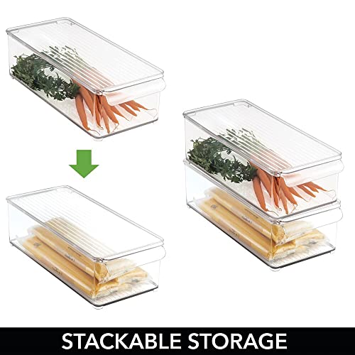 mDesign Slim Plastic Food Storage Container Bin with Lid and Front Handle for Kitchen, Pantry, Cabinet, Fridge and Freezer - Organizer for Snacks, Produce, Vegetables, Pasta, Drinks - Clear