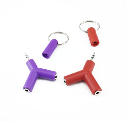 yueton Pack of 2 Y Shaped 3.5mm Jack Stereo Audio Headset Splitter Connector Adapter Keyring Key Ring - Headphone Splitter (Red+Purple)