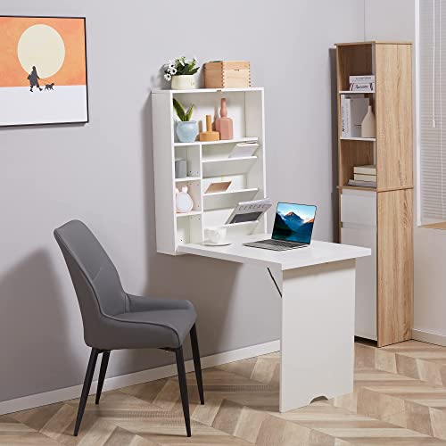 HOMCOM Compact Fold Out Wall Mounted Convertible Desk with Storage, White