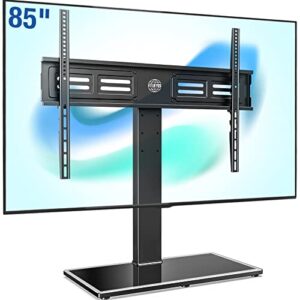 fitueyes universal tv stand/base swivel tabletop tv stand with mount for 50 to 85 inch flat screen tv 100 degree swivel, 4 level height adjustable,tempered glass base,holds up to 143lbs screens