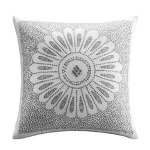 ink+ivy sofia mid century modern cotton square decorative pillow sofa cushion lumbar, back support, 20"x 20", medallion embroidery grey