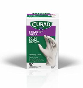 curad comfort wear latex exam gloves, powder-free, one size fits most, 100 count