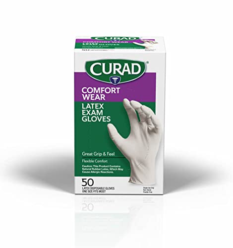 Curad Comfort Wear Latex Exam Gloves, Powder-Free, One Size Fits Most, 100 count