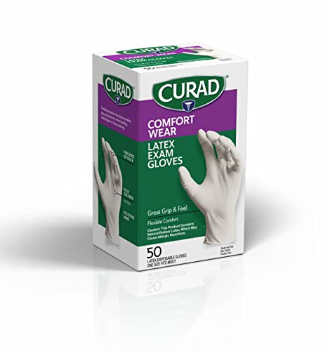 Curad Comfort Wear Latex Exam Gloves, Powder-Free, One Size Fits Most, 100 count