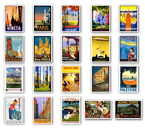 VINTAGE TRAVEL POSTERS postcard set of 20. Post cards depicting the original 1920s-1940s posters. Variety pack poster reprint postcards. Made in USA.