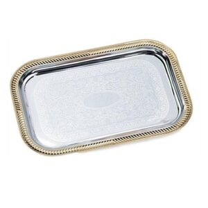 vollrath odyssey serving tray, rectangular, chrome plated, with decorative engraving on base of tray & decorative brass plated gold-tone rim, 19-2/3" x 14", imported (not dishwasher safe), 47266