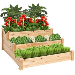 best choice products 3-tier fir wood raised garden bed planter kit for plants, herbs, vegetables, outdoor gardening w/stackable & flat arrangement, easy assembly - natural
