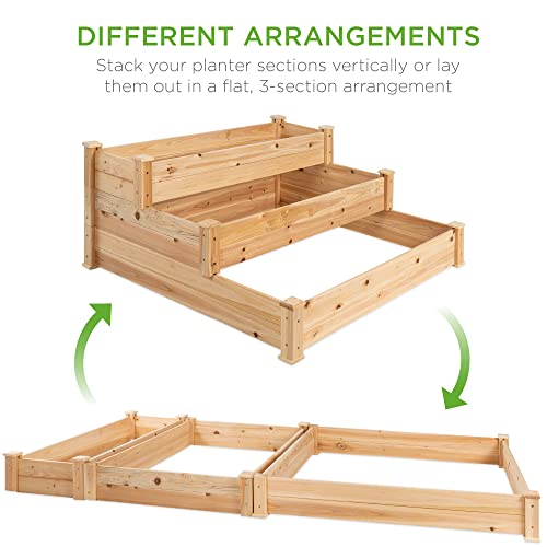 Best Choice Products 3-Tier Fir Wood Raised Garden Bed Planter Kit for Plants, Herbs, Vegetables, Outdoor Gardening w/Stackable & Flat Arrangement, Easy Assembly - Natural