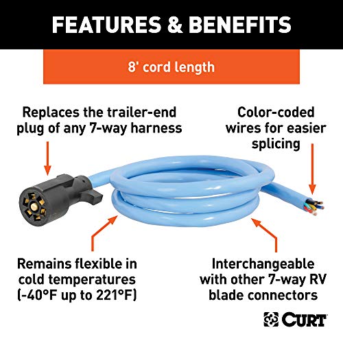 CURT 56612 Extreme Temperature, Cold Weather 7-Pin RV Blade Trailer Wiring Harness Plug, 7-Foot Blunt-Cut Wires, -40F to 221F Degree Rating