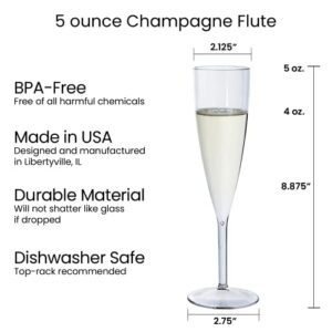 US Acrylic Plastic 5 ounce One Piece Champagne Flute in Clear | Set of 12 Wine Stems | Reusable, BPA-free, Made in the USA, Top-rack Dishwasher Safe