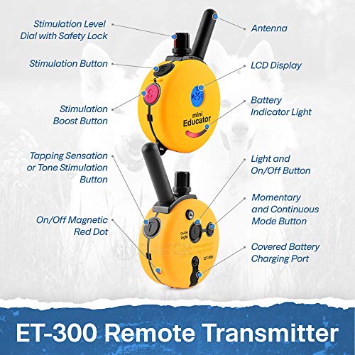 E-Collar - ET-300-1/2 Mile Remote Waterproof Trainer Mini Educator Remote Training Collar - 100 Training Levels Plus Vibration and Sound - Includes PetsTEK Dog Training Clicker