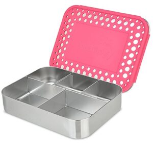 lunchbots large cinco stainless steel lunch container - five section design holds a variety of foods - metal bento box - dishwasher safe - stainless lid -pinka dots