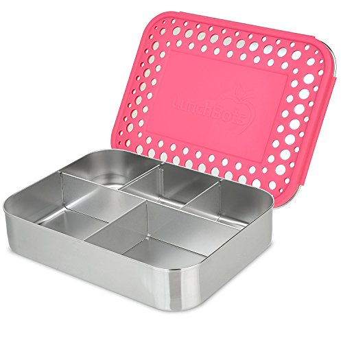 LunchBots Large Cinco Stainless Steel Lunch Container - Five Section Design Holds a Variety of Foods - Metal Bento Box - Dishwasher Safe - Stainless Lid -Pinka Dots