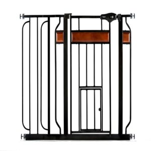 carlson home design extra wide walk thru pet gate with small pet door, includes décor hardwood, 4-inch extension kit, pressure mount kit and wall mount kit