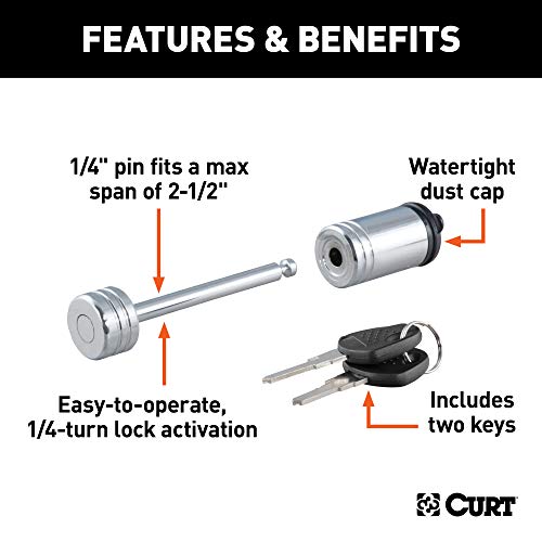 CURT 23522 Chrome Trailer Tongue Coupler Lock, 1/4-Inch Pin Diameter, Up to 2-1/2-Inch Span