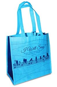 i will sing bird notes psalm 108:1 blue reusable 12 x 12 eco friendly tote bag