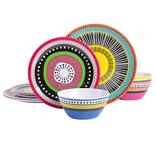 Gibson Home Almira Melamine Dinnerware, Assorted, Service for Four (12pcs)