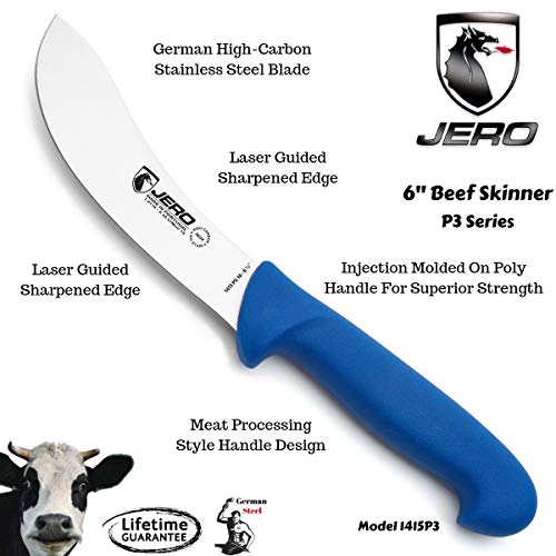 JERO Butcher Series P3 - 6" Beef Skinning Knife - Commercial Grade Butcher Knife - Solid Core Injected Polymer Handle For Strength - German Stainless Steel Blade - Meat Processing Style Grip - 1415P3