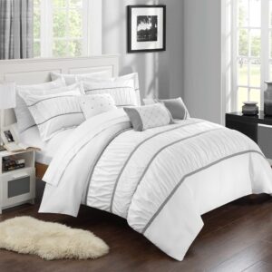 Chic Home Cheryl 10 Piece Comforter Complete Bag Pleated Ruched Ruffled Bedding with Sheet Set and Decorative Pillows Shams Included, Queen, White