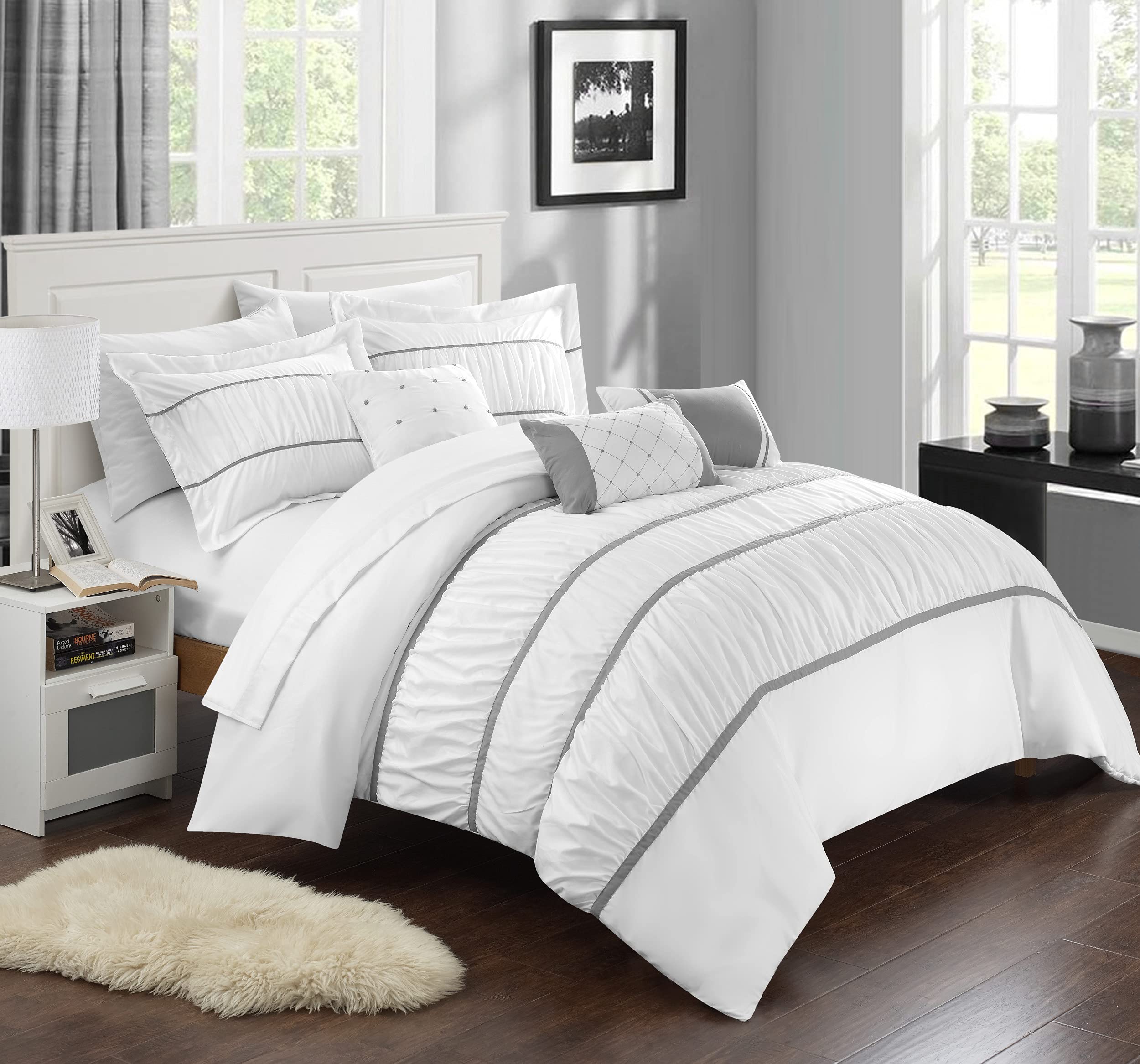 Chic Home Cheryl 10 Piece Comforter Complete Bag Pleated Ruched Ruffled Bedding with Sheet Set and Decorative Pillows Shams Included, Queen, White