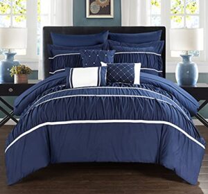 chic home cheryl comforter complete bag pleated ruched ruffled bedding with sheet set and decorative pillows shams included, queen, navy