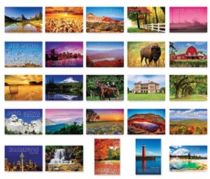 america the beautiful postcard set. 50 modern post cards variety pack. these postcards depict all fifty states of the united states of america. made in usa.