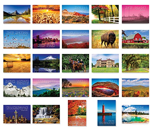 AMERICA THE BEAUTIFUL postcard set. 50 modern post cards variety pack. These postcards depict all fifty states of the United States of America. Made in USA.