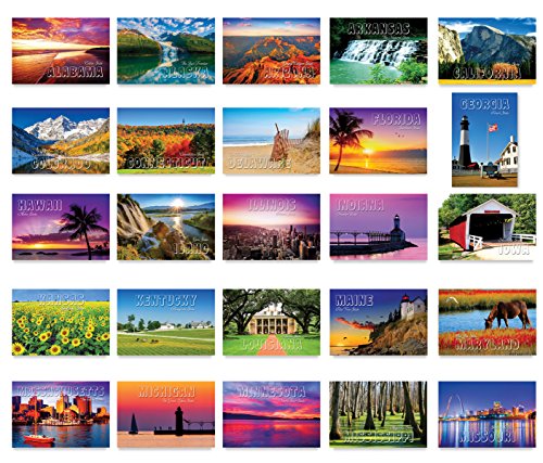 AMERICA THE BEAUTIFUL postcard set. 50 modern post cards variety pack. These postcards depict all fifty states of the United States of America. Made in USA.