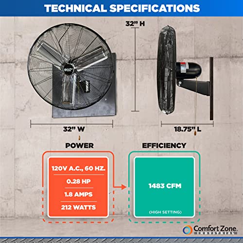 Comfort Zone CZVHW30 30” 2-Speed High Velocity Industrial Wall Fan, All-Metal Construction, Adjustable Tilt, Steel Mounting Bracket with Adjustable Angle, Aluminum Blades, Black
