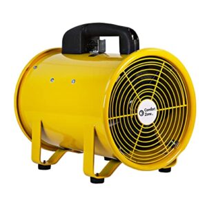 comfort zone czbu80 8” industrial utility blower fan, all-metal construction, auto-reset thermal protection, durable carry handle, rubber feet, helps exhaust fumes/odors, dry wet areas, yellow