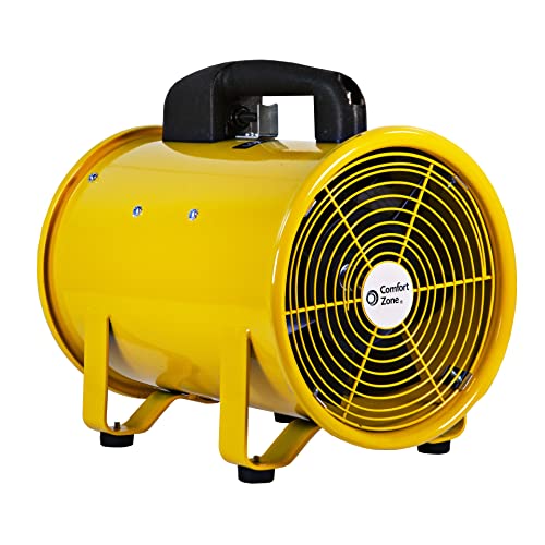 Comfort Zone CZBU80 8” Industrial Utility Blower Fan, All-Metal Construction, Auto-Reset Thermal Protection, Durable Carry Handle, Rubber Feet, Helps Exhaust Fumes/Odors, Dry Wet Areas, Yellow