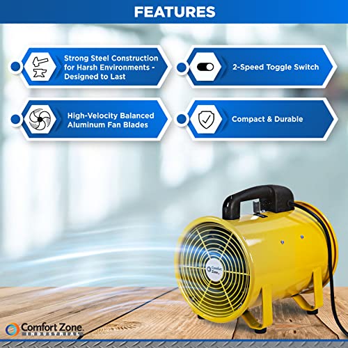 Comfort Zone CZBU80 8” Industrial Utility Blower Fan, All-Metal Construction, Auto-Reset Thermal Protection, Durable Carry Handle, Rubber Feet, Helps Exhaust Fumes/Odors, Dry Wet Areas, Yellow