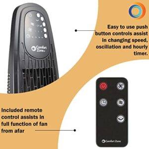 Comfort Zone CZTF336RBK Remote, Oscillation, 4-Hour Timer with Sleep Mode, 3-Speed, 36" Tower Fan, Black