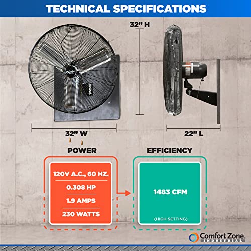 Comfort Zone CZHVW30EX 30” 2-Speed Oscillating High Velocity Industrial Wall Fan, All-Metal Construction, Adjustable Tilt, Steel Mounting Bracket with Adjustable Angle, Aluminum Blades, Black