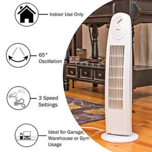 Comfort Zone CZTF329WT 29” 3-Speed Oscillating Tower Fan, High-Performance Centrifugal Blades with Space Saving Design, Perfect for Office, Desk or Dorm Room, White