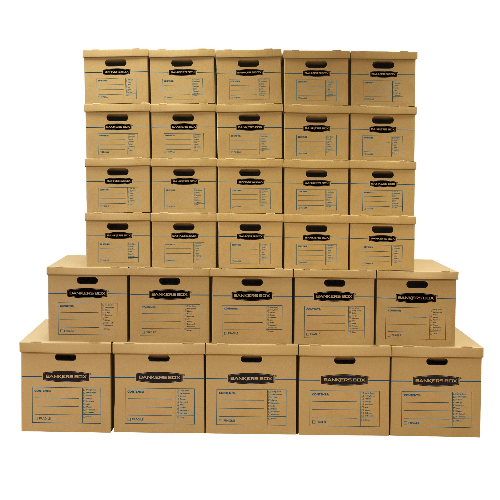 Bankers Box SmoothMove Classic Moving Boxes, 30 Pack Small, Medium, and Large Box Kit, Tape-Free Assembly, Easy Carry Handles