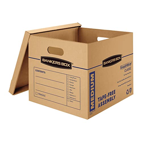 Bankers Box SmoothMove Classic Moving Boxes, Tape-Free Assembly, Easy Carry Handles, Medium, 18 x 15 x 14 Inches, 10 Pack