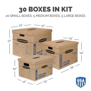 Bankers Box SmoothMove Classic Moving Boxes, 30 Pack Small, Medium, and Large Box Kit, Tape-Free Assembly, Easy Carry Handles