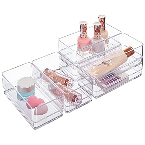 STORi SimpleSort 6-Piece Stackable Clear Drawer Organizer Set | 6" x 3" x 2" Rectangle Trays | Small Makeup Vanity Storage Bins and Office Desk Drawer Dividers | Made in USA