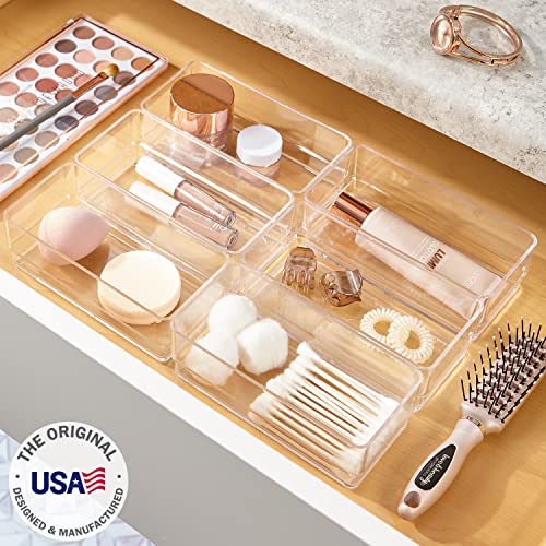 STORi SimpleSort 6-Piece Stackable Clear Drawer Organizer Set | 6" x 3" x 2" Rectangle Trays | Small Makeup Vanity Storage Bins and Office Desk Drawer Dividers | Made in USA