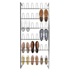 mygift black metal shoe organizer for entryway, wall mounted shoe rack for closet with 36 hooks, holds up to 18 pair