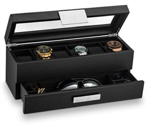 glenor co watch box with valet drawer for men - 6 slot luxury watch case display organizer, carbon fiber design -metal buckle for mens jewelry watches, men's storage holder boxes has a large glass top